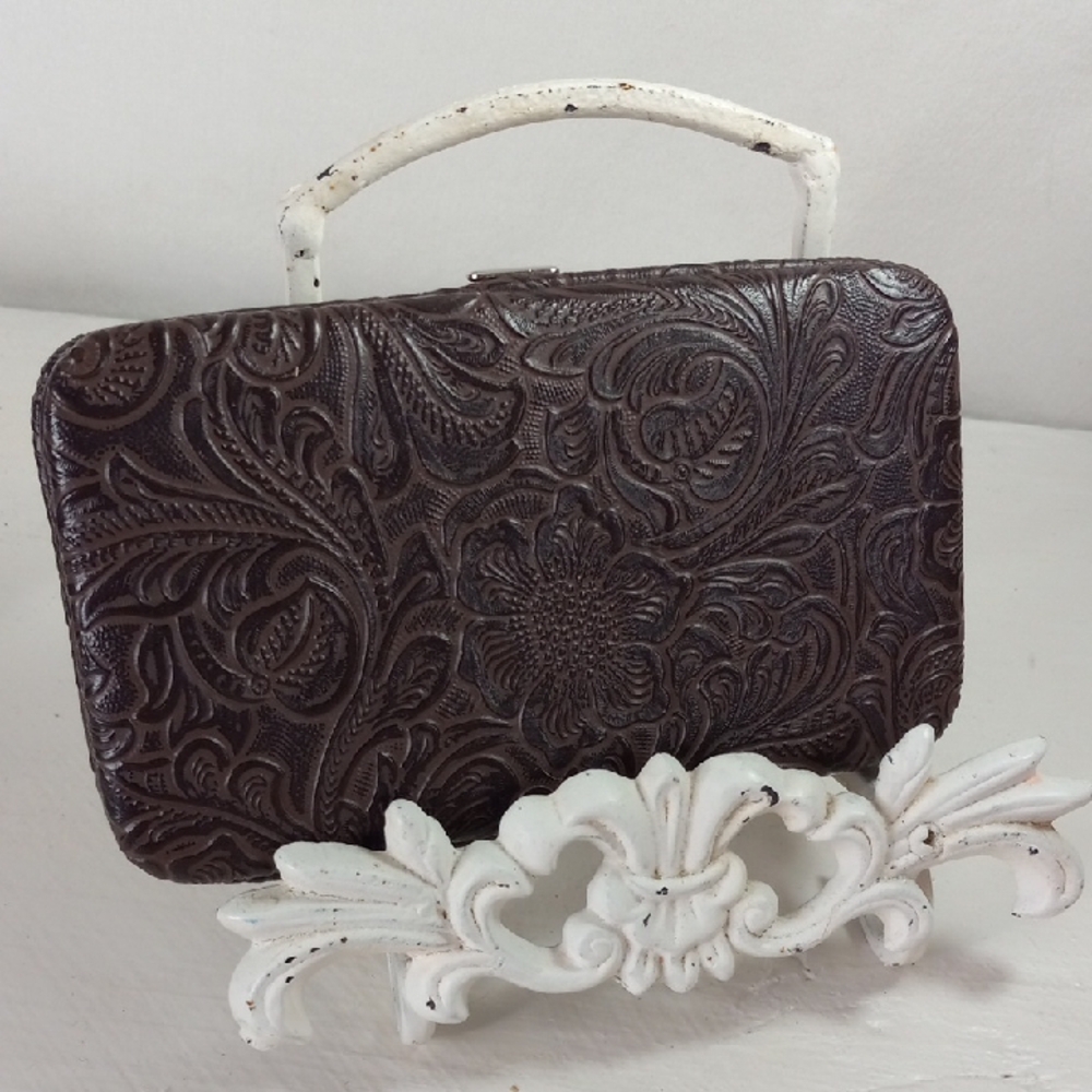 Brown Embossed Wallet with Chain Handle